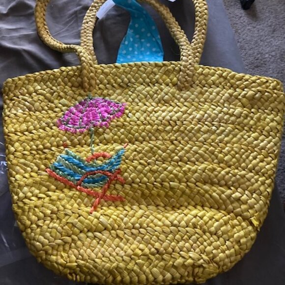 NWT QVC Quacker Factory Corn Husk Beach Tote Bag Embroidered Polka Dot Lined - Picture 1 of 4
